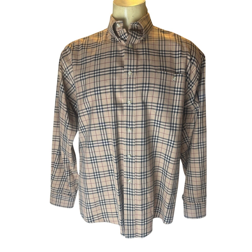 Burberry London Nova Check Plaid Button Down Shirt Mens Tan Long Sleeve USA Made